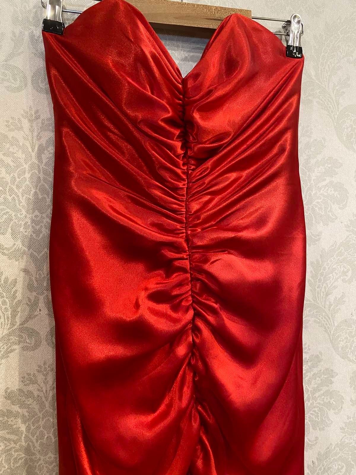 Vintage 80s TRAVILLA Denson Red Satin Ruched Strapless Gown Evening Dress UK 12