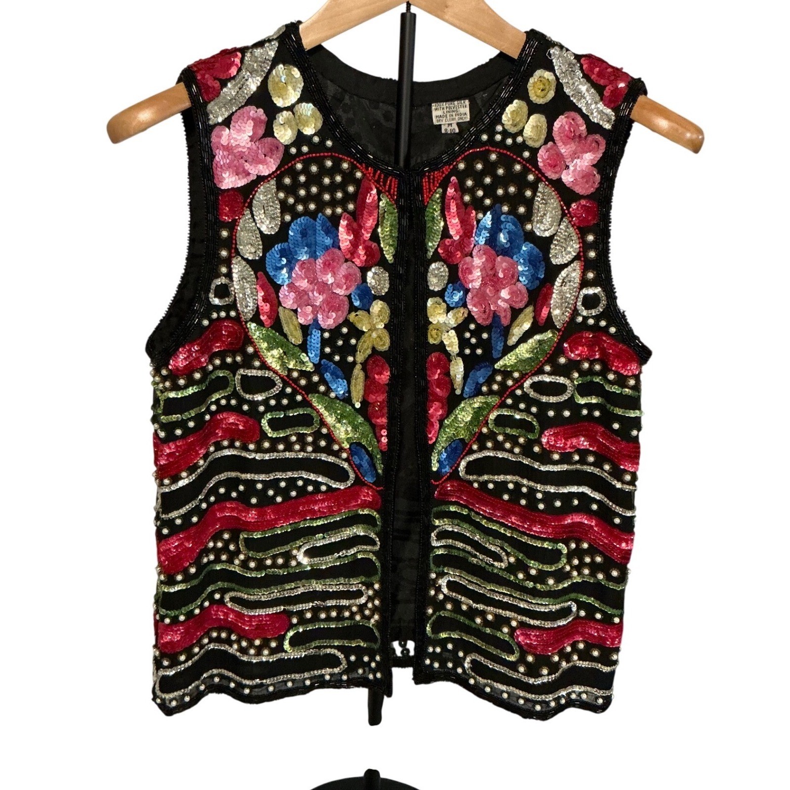 Vintage 80s Silk Beaded Sequin Vest Floral Heart Multicolor Black Size M L