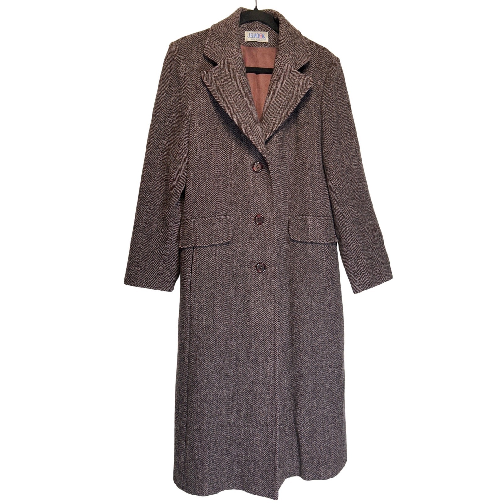 Vintage JG Hook Herringbone 100% Pure Wool Long Overcoat Taupe Brown Black Sz 10