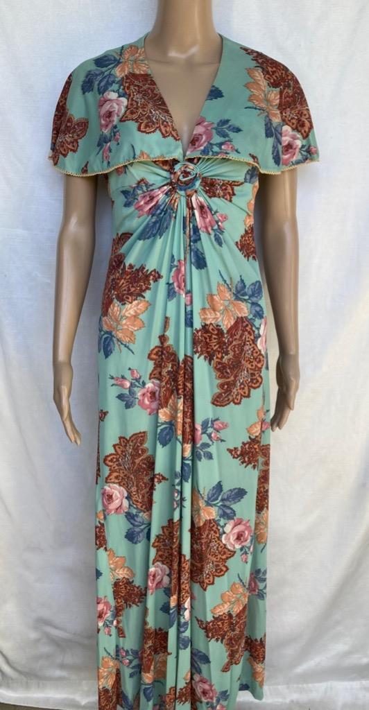 Corky Craig California Dress Vtg 1960s Caplet Shawl Collar Aqua Rose Paisley