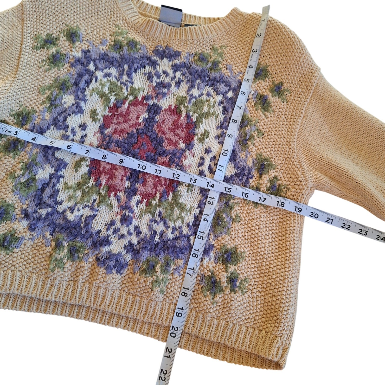 Ĺiz Sport Vintage 90s Hand Knit Cottage Grandma Sweater Shoulder Pads Floral S
