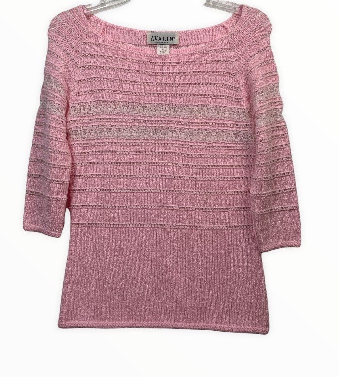 AVALIN Vintage Lace Knit Sweater Feminine Pink 3/4 Sleeve Stretch