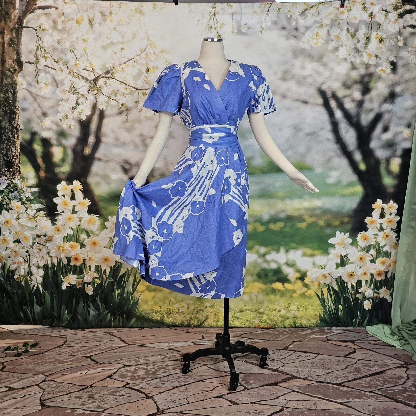 Vintage Faux Wrap Style Dress Sky Blue White Floral Print Fluttery Sleeves Gown