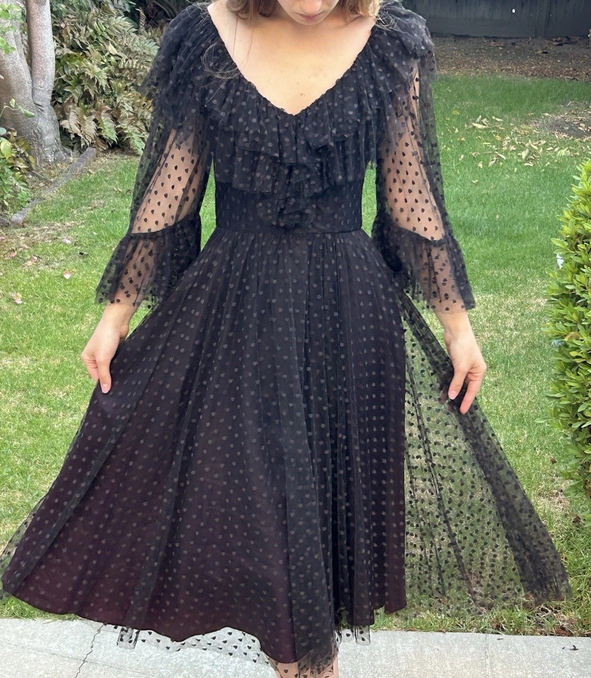 Vintage 50s 60s Miss Ashlee S Ruffle Dress Polka Dots Tulle Black
