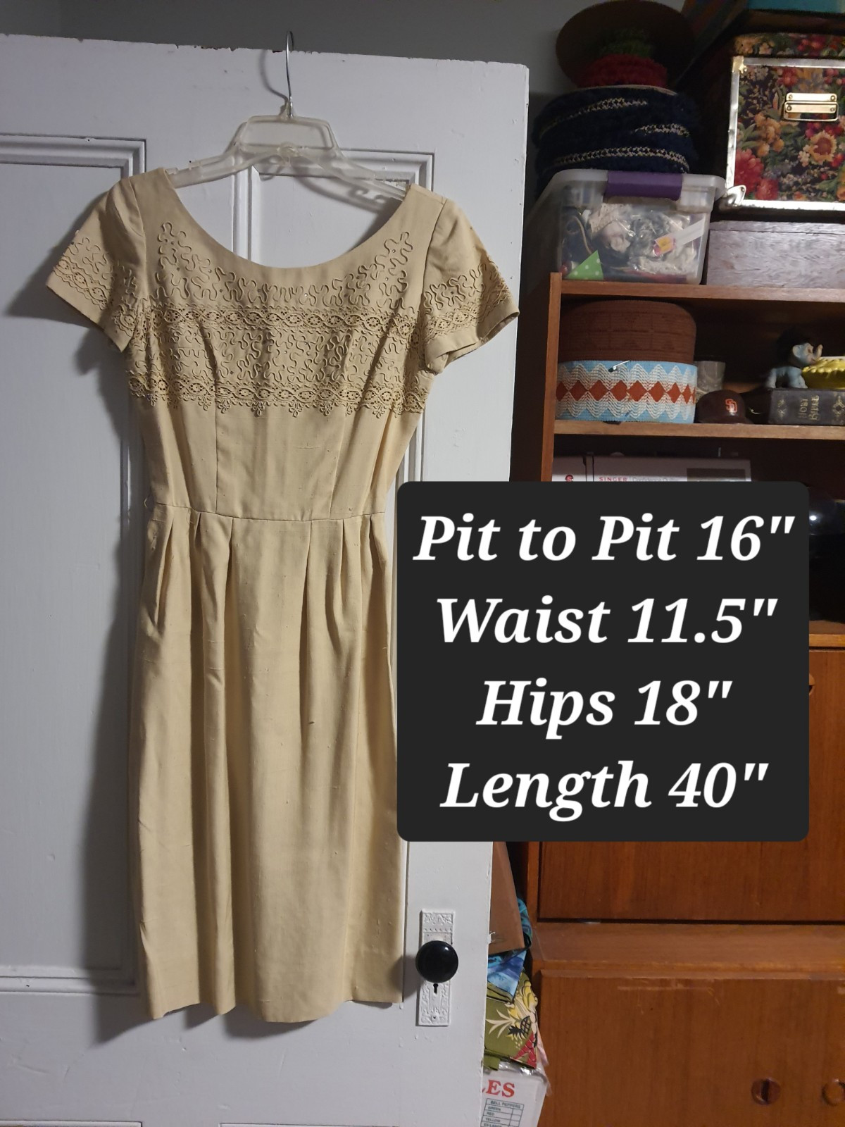Vintage 50s Carlye Butter Cream Linen Embroidered Collar Midi Party Dress A Line