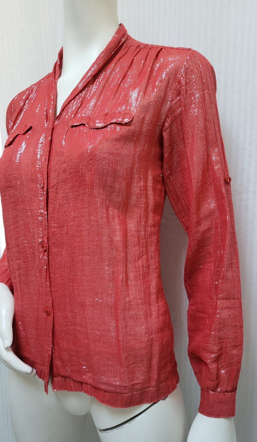 Vintage 1970’s Red Cotton Silver Lurex Stripe BLOUSE Top India – Size S/M