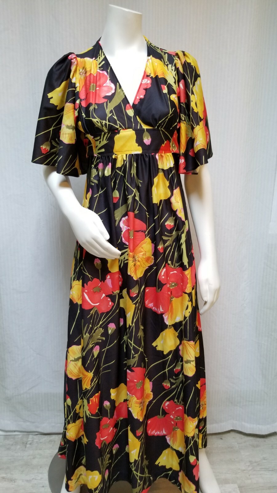 Vintage 70s Black Floral Print Empire Waist Maxi Dress Butterfly Sleeve – Size S