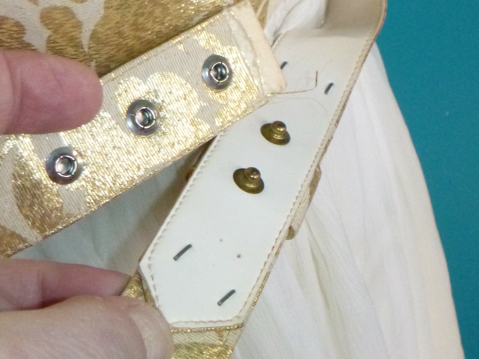 Vtg 60s Party Dress Gold Metallic Floral Bodice & Belt Cream Chiffon Skirt Sz 13