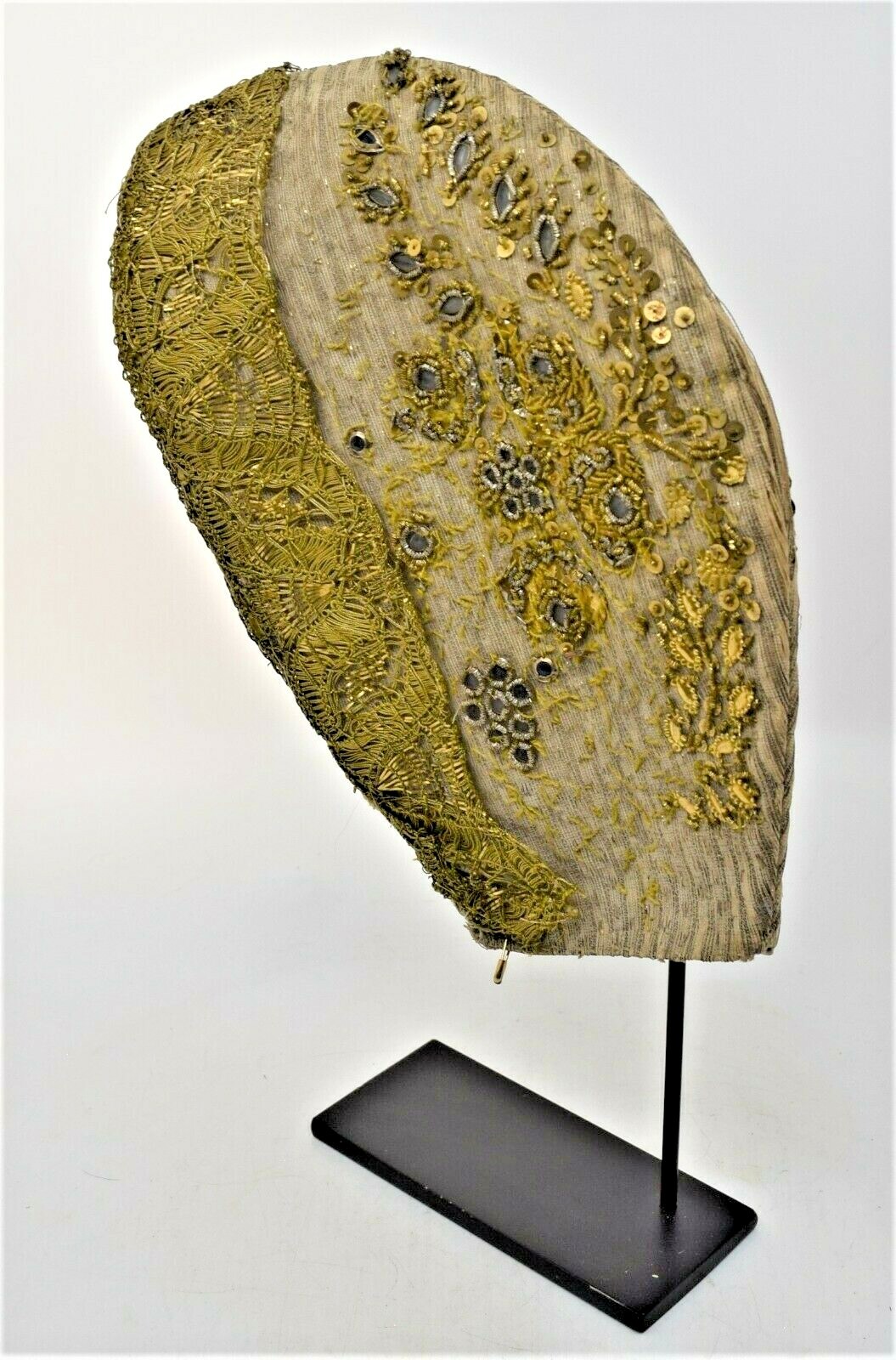 Antique 18th Century Fine Woman’s Hat Coif Striped Silver Fabric Floral European