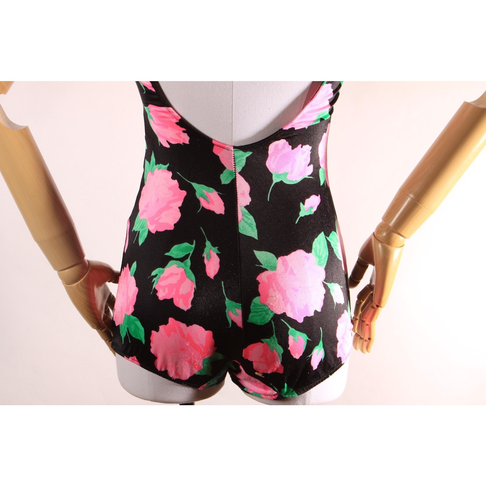 1970s 1980s Black Pink Green Floral One Piece Swimsuit by Maxine of Hollywood