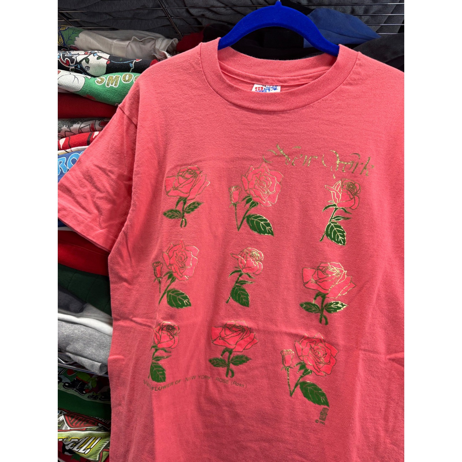 Vintage 1993 New York State Flower Rose T-Shirt Hanes Pink Medium USA Made