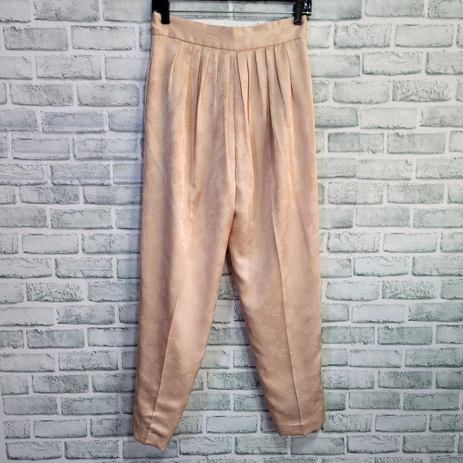 Vintage 80s 90s Blush Satin Brocade Pants High Waist Pleated Tapered Trousers