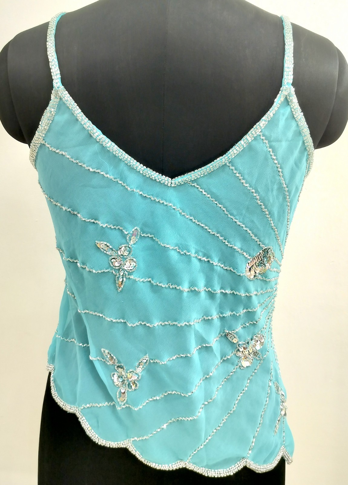 Vintage Y2K Embroidery Costume Sequin Top Blouse Sheer Turquoise Silver Tunic