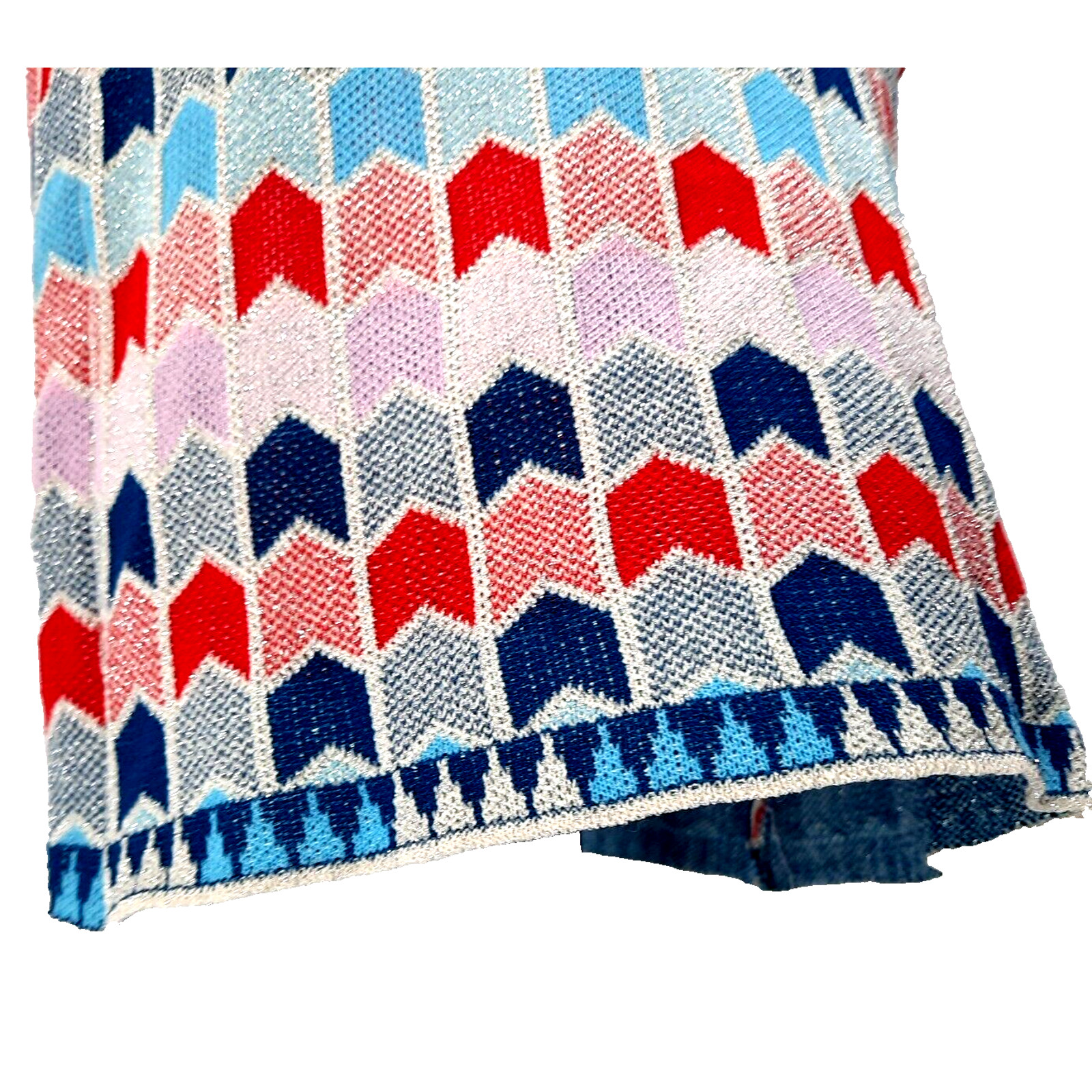 Vintage 60s MOD Geometric Silver Metallic Knit Dress Medium Red Pink Blue Retro