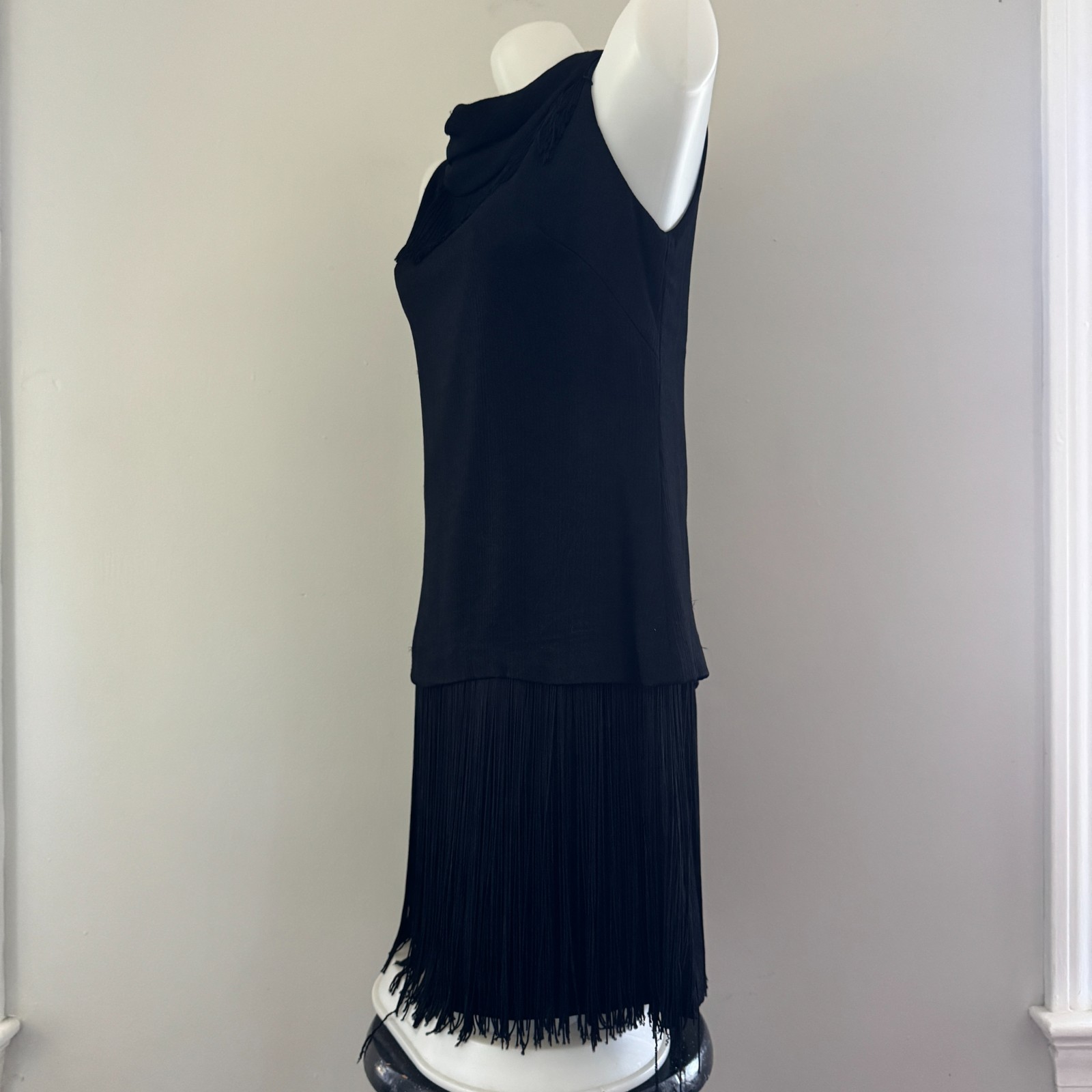 vtg 60s MISS THEME NY Black Go-Go Dancer FRINGE Mini Shift Dress Costume Mod LBD
