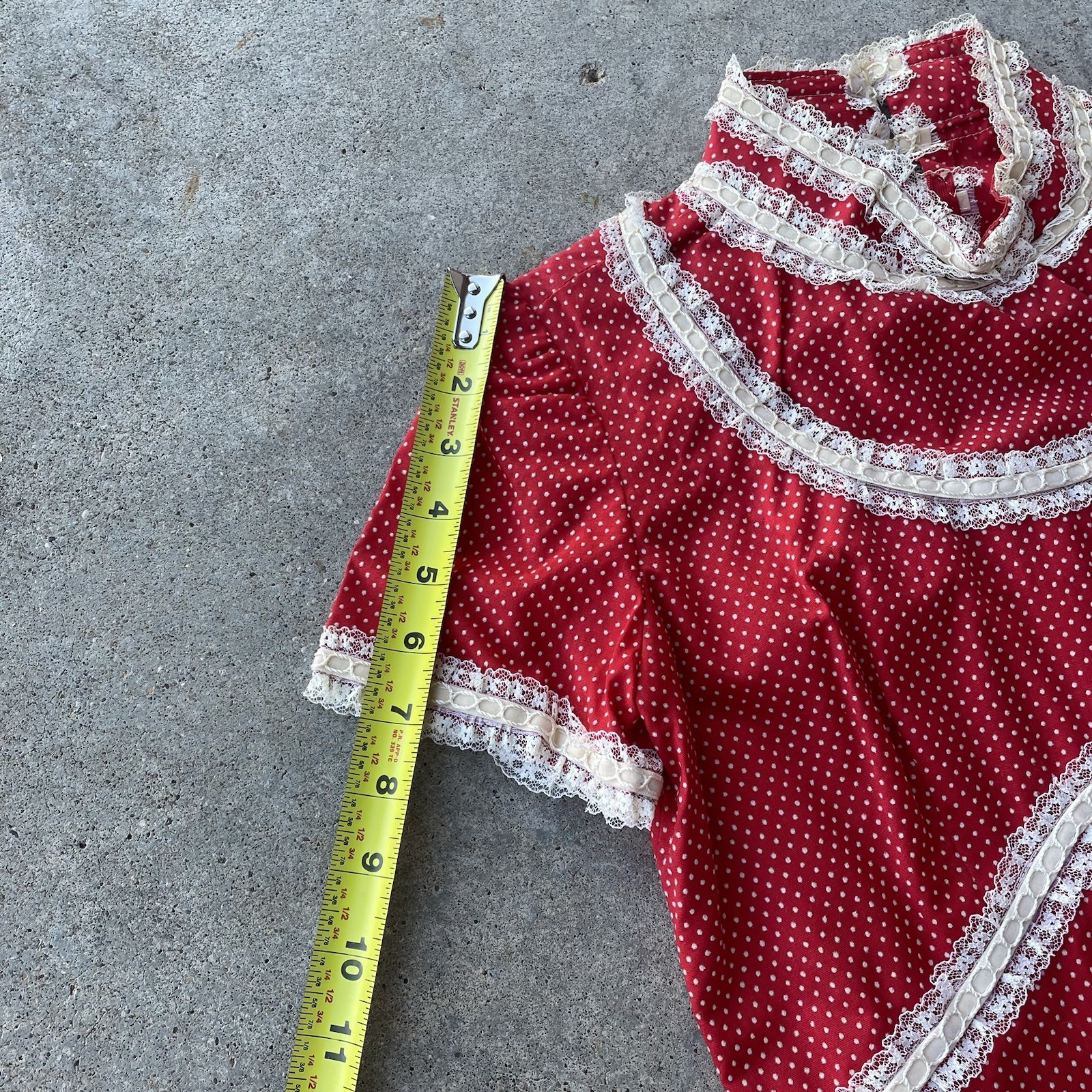 Prairie Cottage Core Vtg 70s Maxi Dress Red White Polka Dot Lace Trim Women’s S