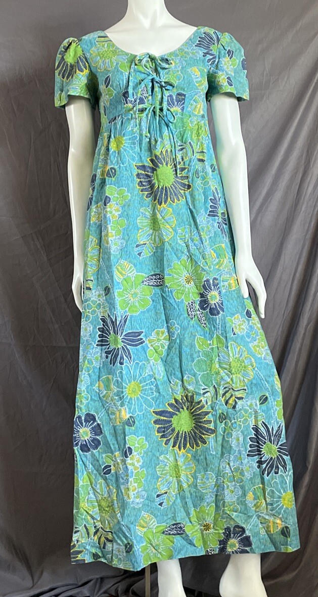 Liberty House Hawaii 1960s Barkcloth Teal Blue Floral Hibiscus Print Dress S/M
