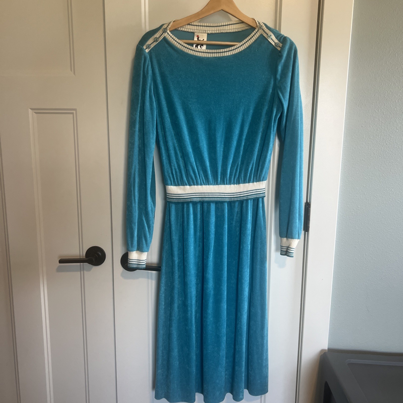 VTG 70’s Jody Of California Turquoise Terry Cloth Dress White Trim Sz 11