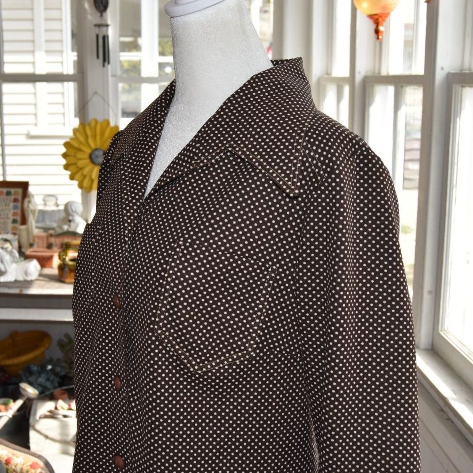 Vintage 70s Three Flags Brown Polka Dot Button Front Shirt Jacket Blouse Medium