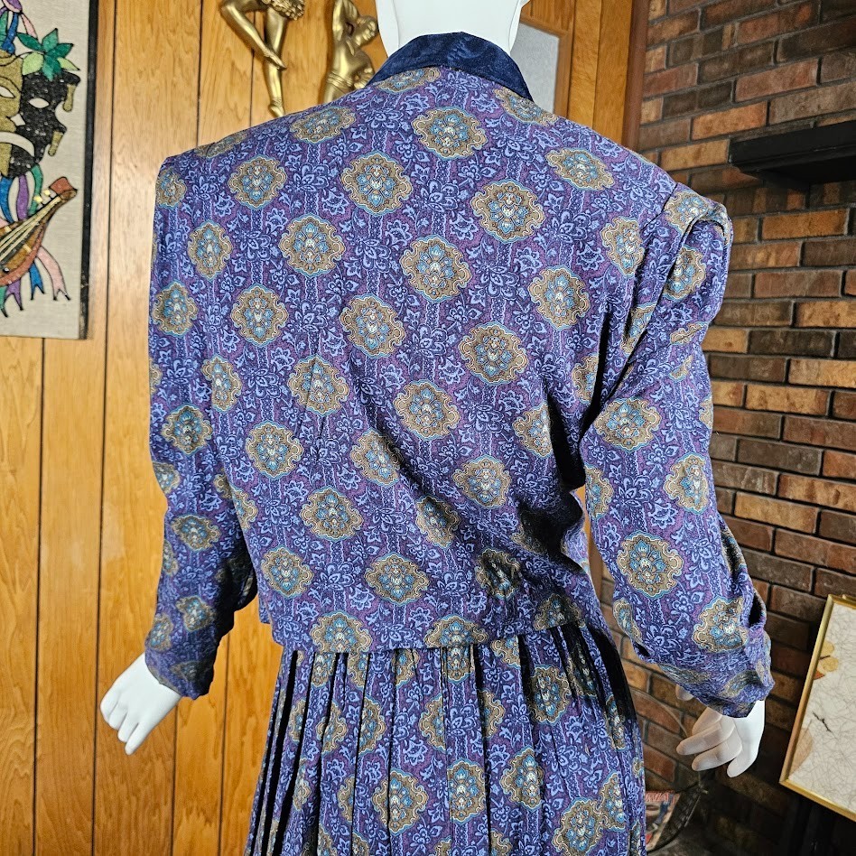 Vtg 90s Velvet Ornate Paisley British Preppy Rayon Midi Riding Vest Dress S/M