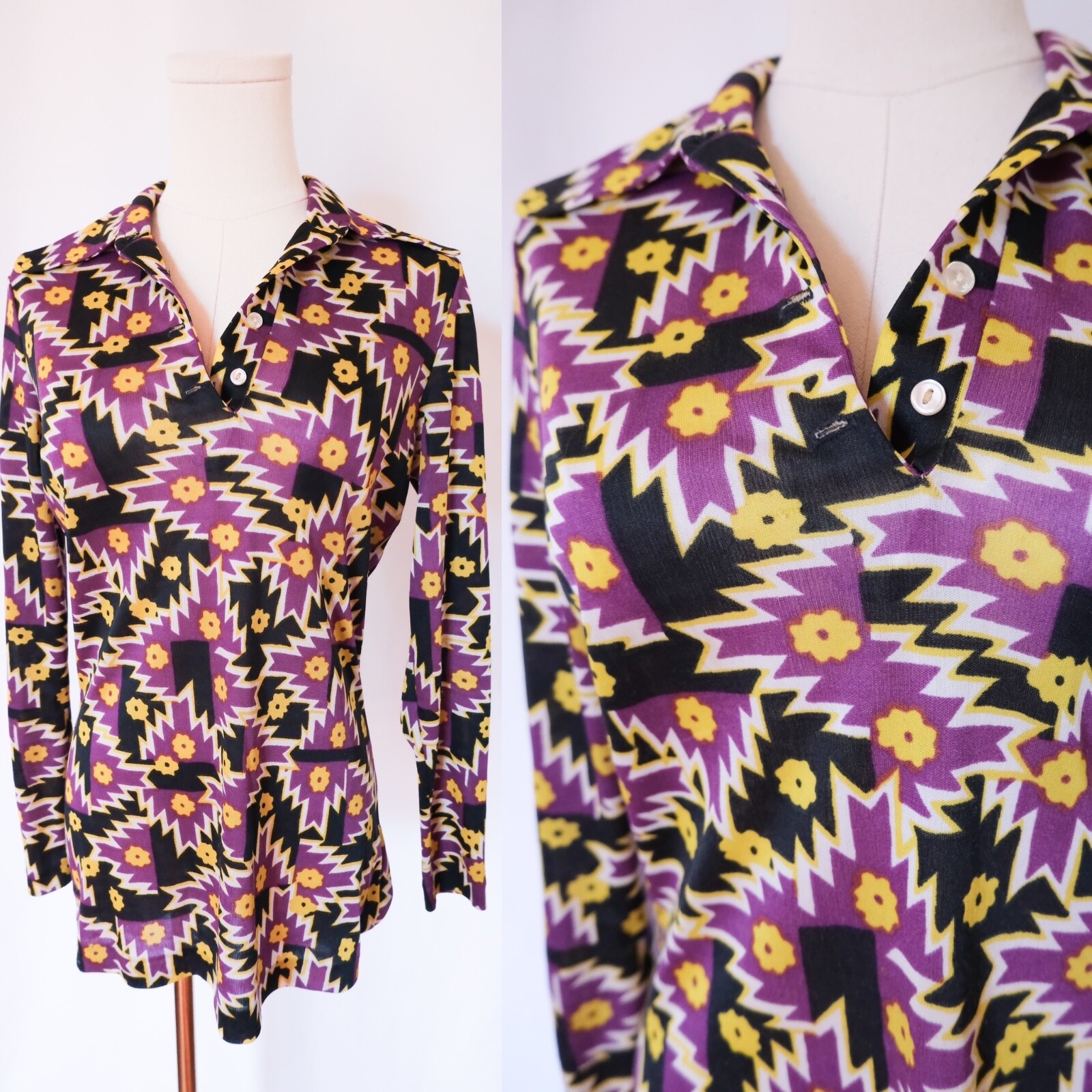 Vintage 70s Lightning Bolt Daisy Print Top Long Sleeve Blouse Black Purple Yello