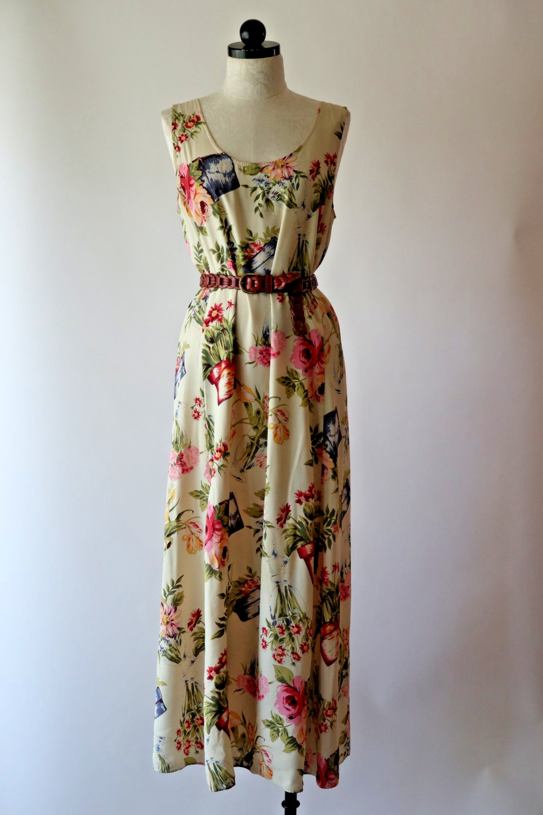 90s Vintage Pastel Garden Plants Pots Sleeveless Long Maxi Sundress Women S M