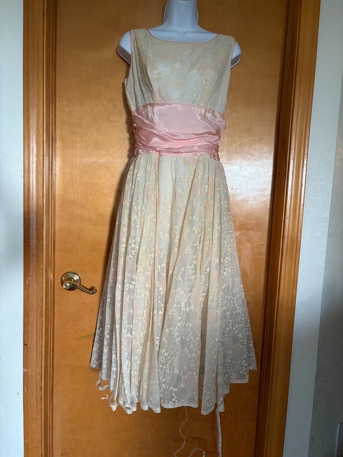 Vintage 1950s Organza Floral Party Dress S, Pink Satin Cummerbund Sash Fit & Fla