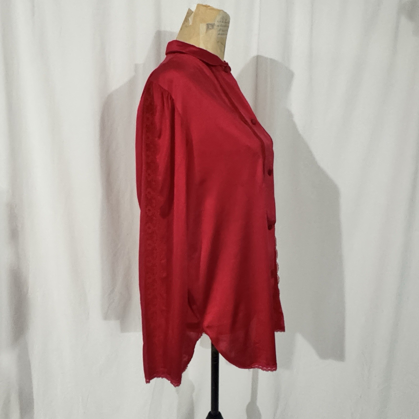 VTG NANCY KING Lingerie Bed Jacket Blouse Sz M Red Lace Peter Pan Collar Sleeves