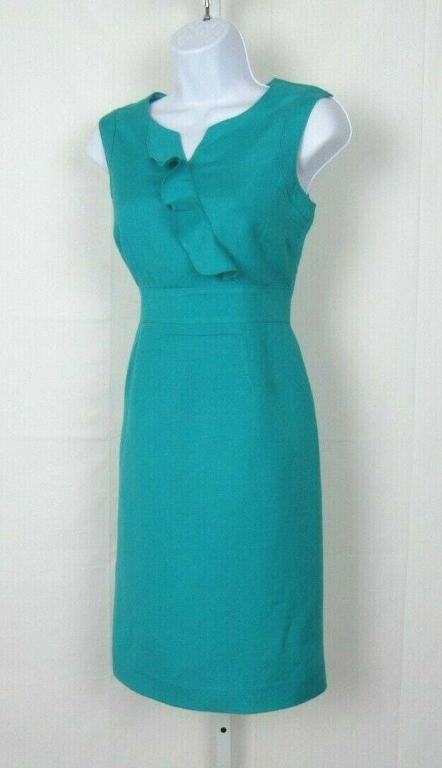 VTG 1980s 90s TAHARI ARTHUR S LEVINE SIZE 4P TURQUOISE LINEN RAYON BLEND DRESS