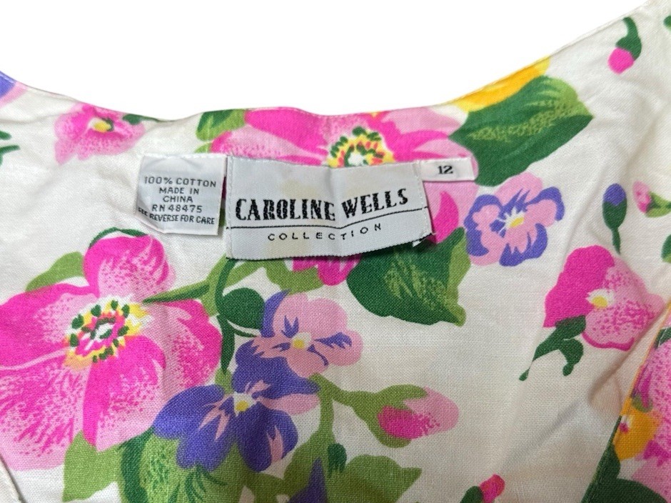 Vtg 80s Cottagecore White Pink Floral Midi Dress Drop Waist Shoulder Pads Sz 12