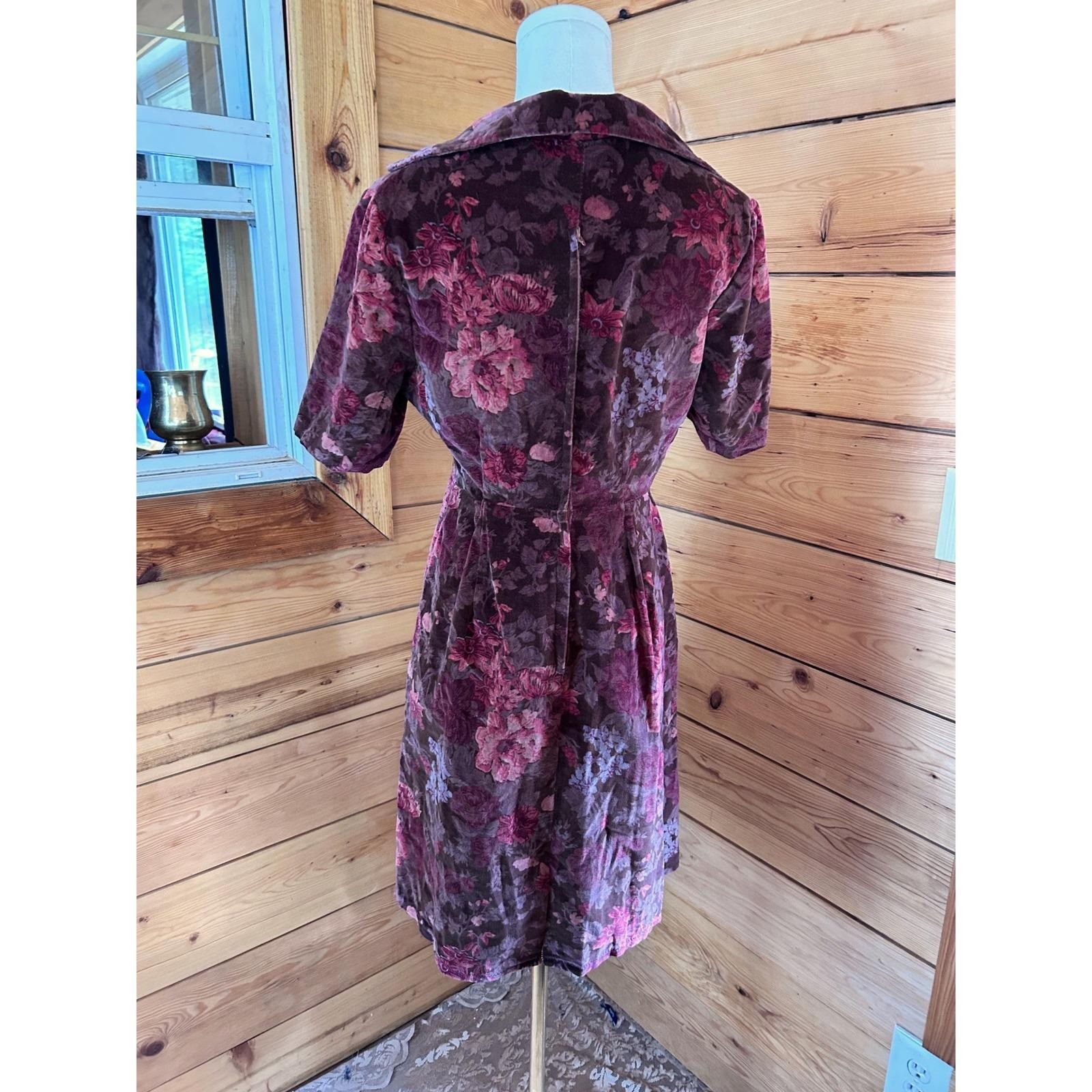 Vintage Thick Velour Floral Midi Dress Womens Large Plum Purple Handmade 70’s