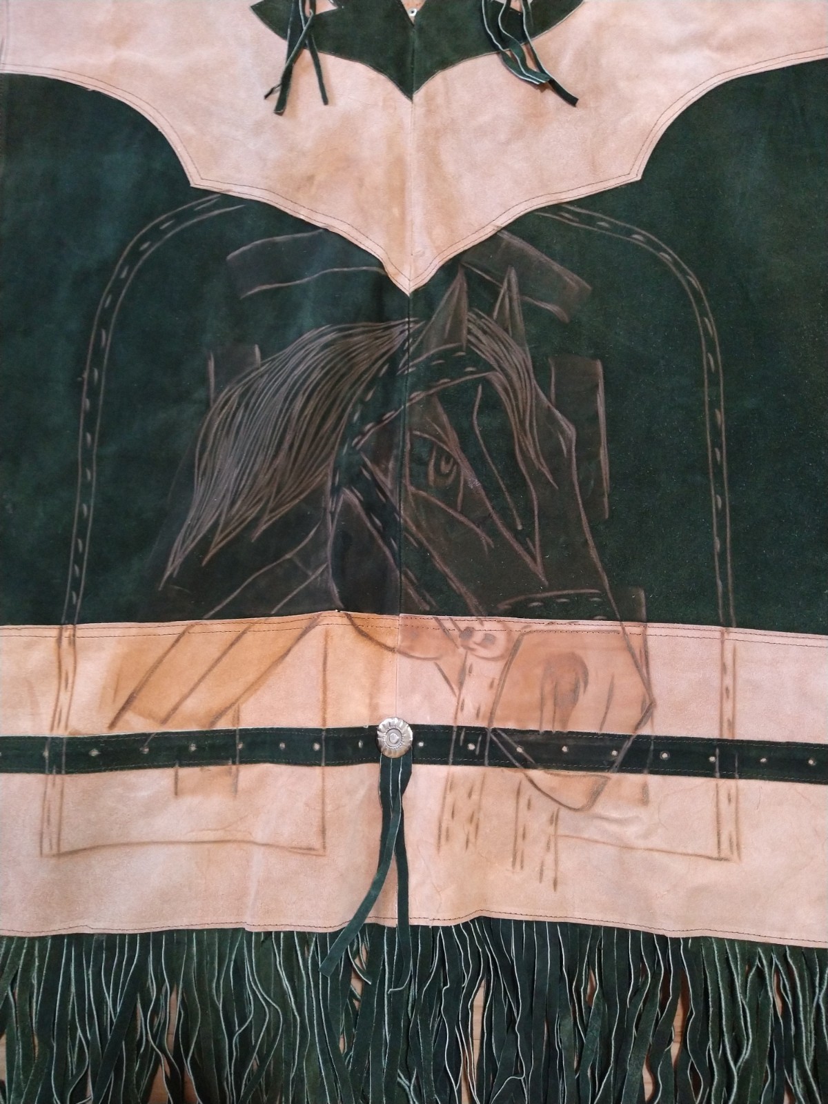 Vintage Armando’s Leather/Suede Fringed Poncho Horse Design Front and Back