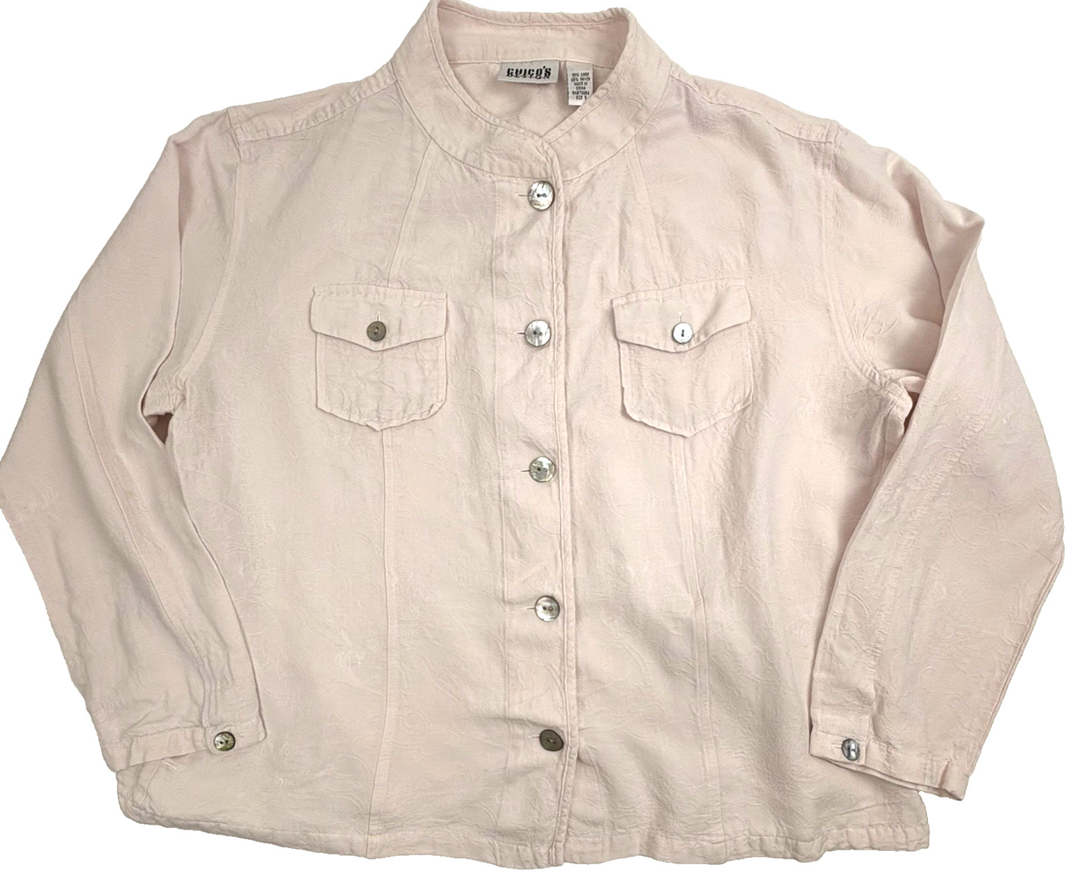 VTG Chico’s Design Linen Blend Jacket Pastel Pink Embossed Mandarin Collar L 3