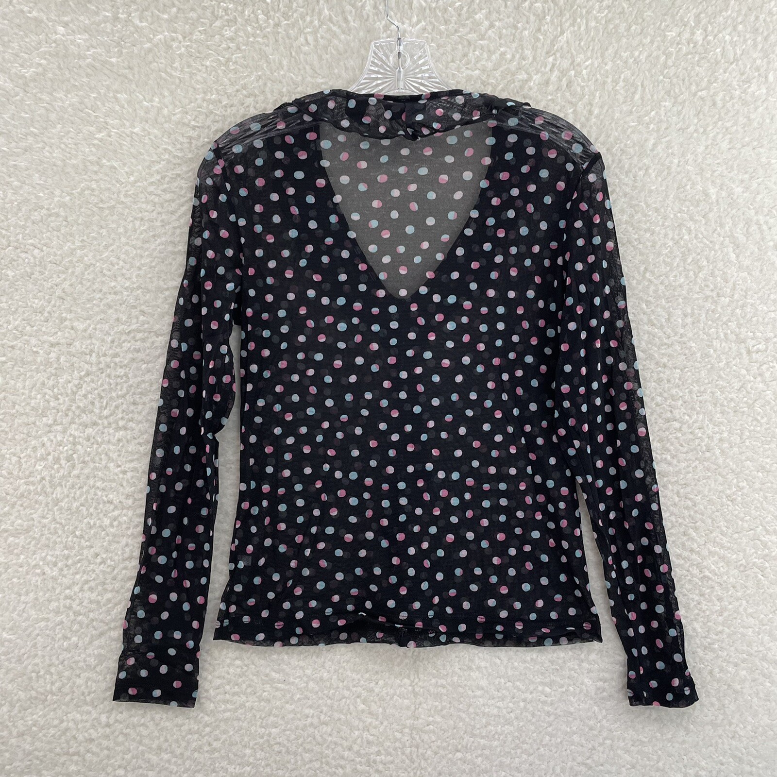 Y2K Vintage Top Button Blouse Medium Black Polka Dot Mesh Sheer Corpcore Office