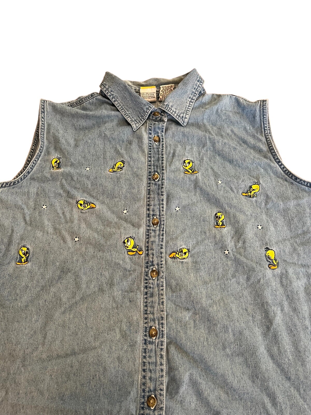 Vintage Looney Tunes Tweety Bird Embroidered Denim Vest Women’s Size 26/28W