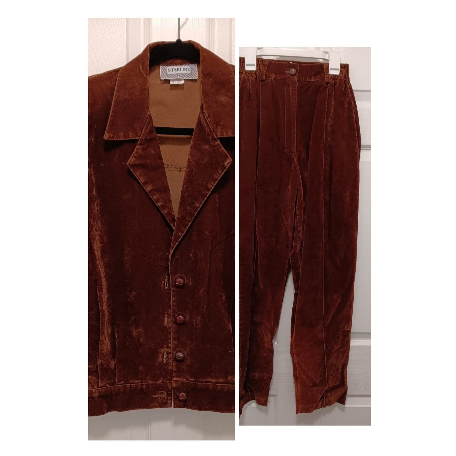 Starfire Vintage 90s Rust Brown Velvet 2 Piece Pant Suit Set Size 10 Made in USA