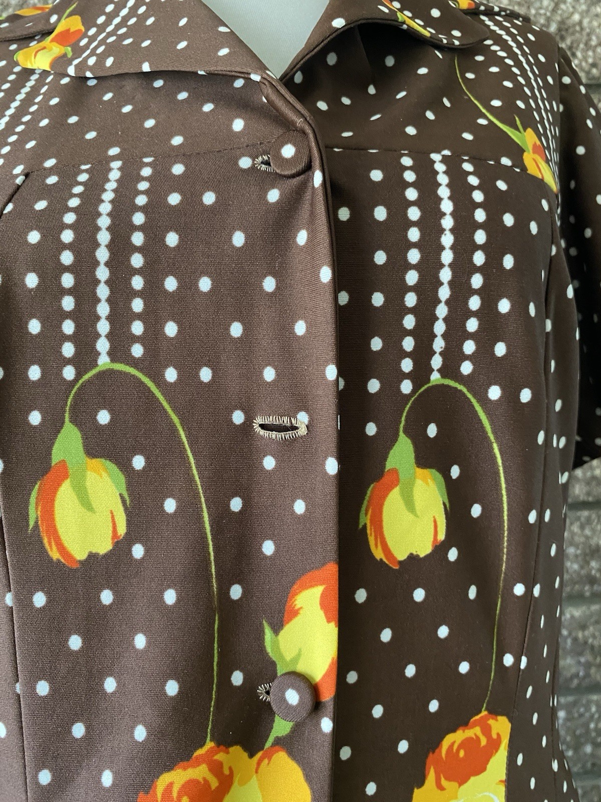 Vintage Brown 1970s Polyester Dress Polka Dots Yellow Tulips MOD 1960s Med Large