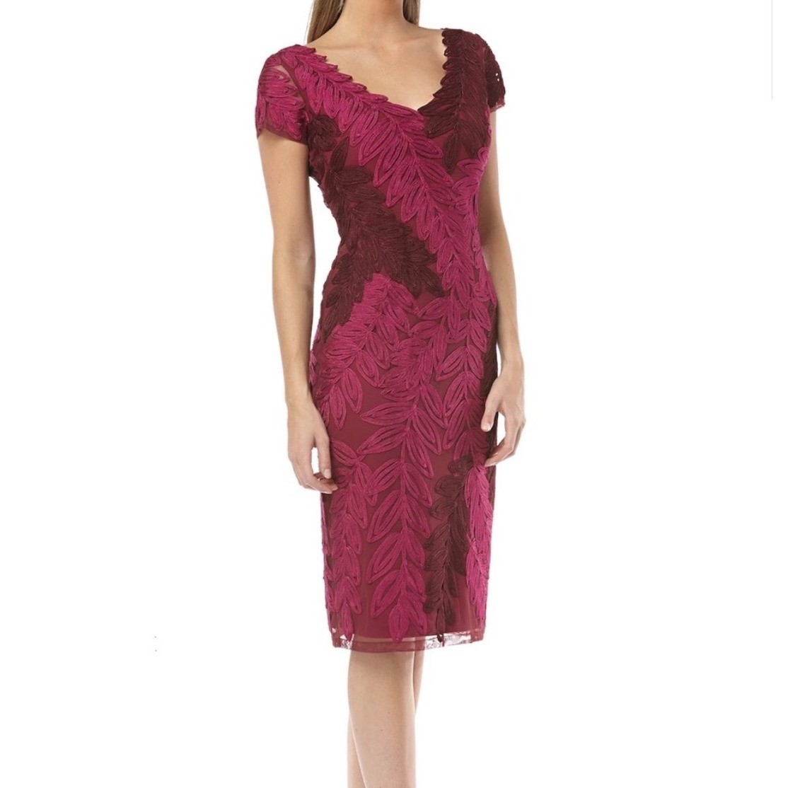JS Collection Hot Pink Plum Soutache V-neck Midi Dress Leaf Embroidery size 4