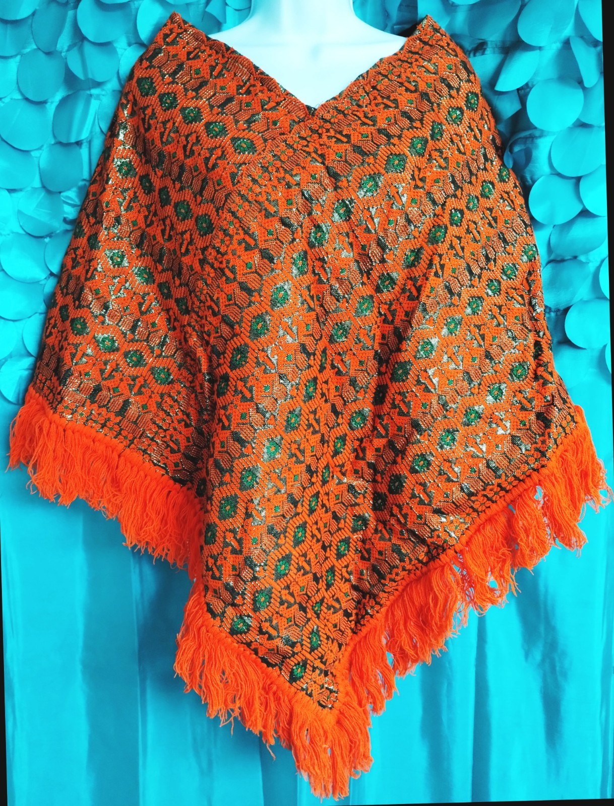 Bright Red Brocade Poncho from 1970s Made in Guatemala