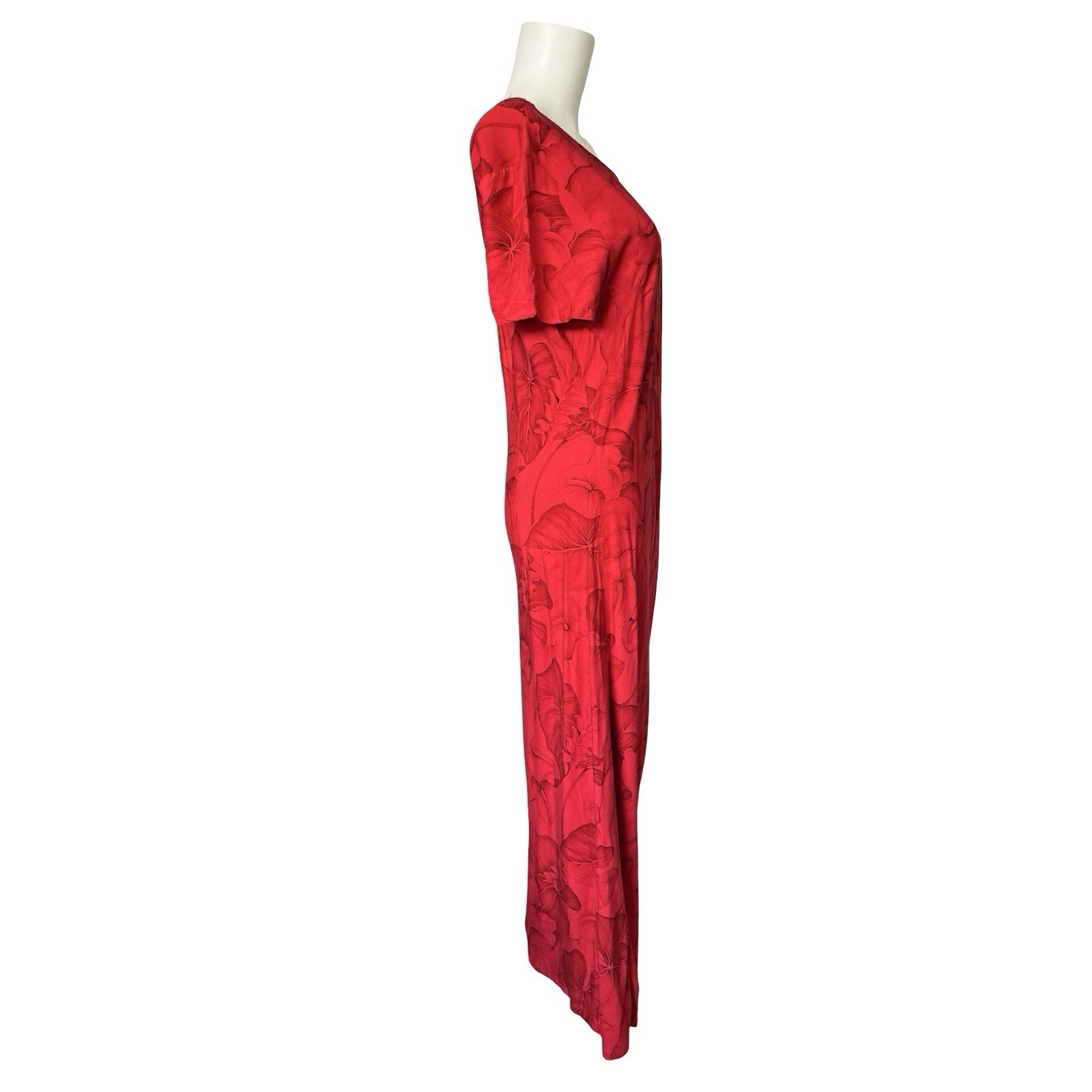 Vintage Hilo Hattie Hawaiian Maxi Dress Red Floral Print Womens Size Large