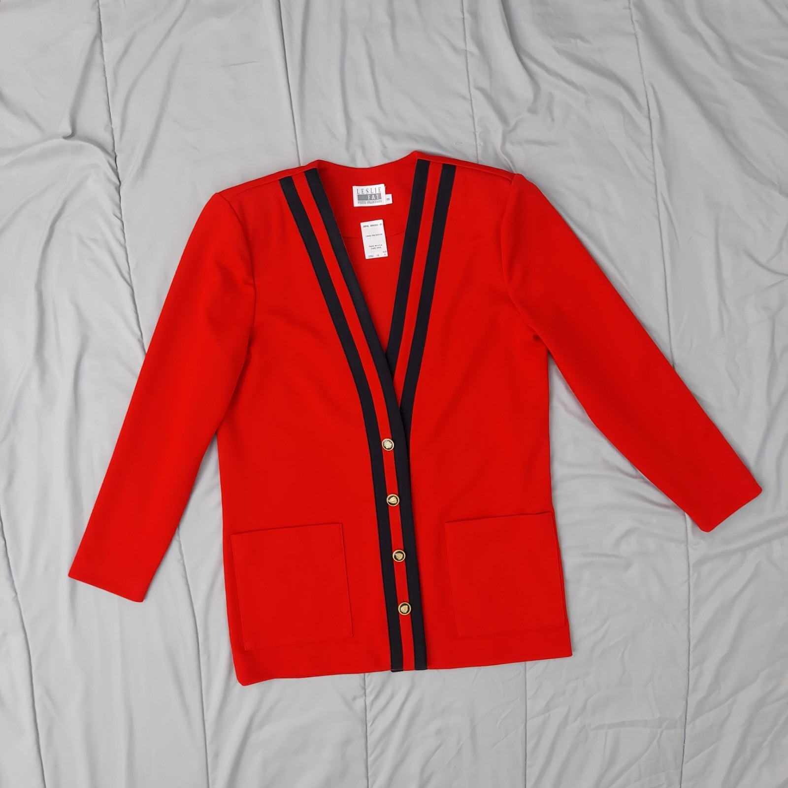 Vintage 80s Leslie Fay Power Suit Blazer Red Black Trim Gold Buttons Women’s 8