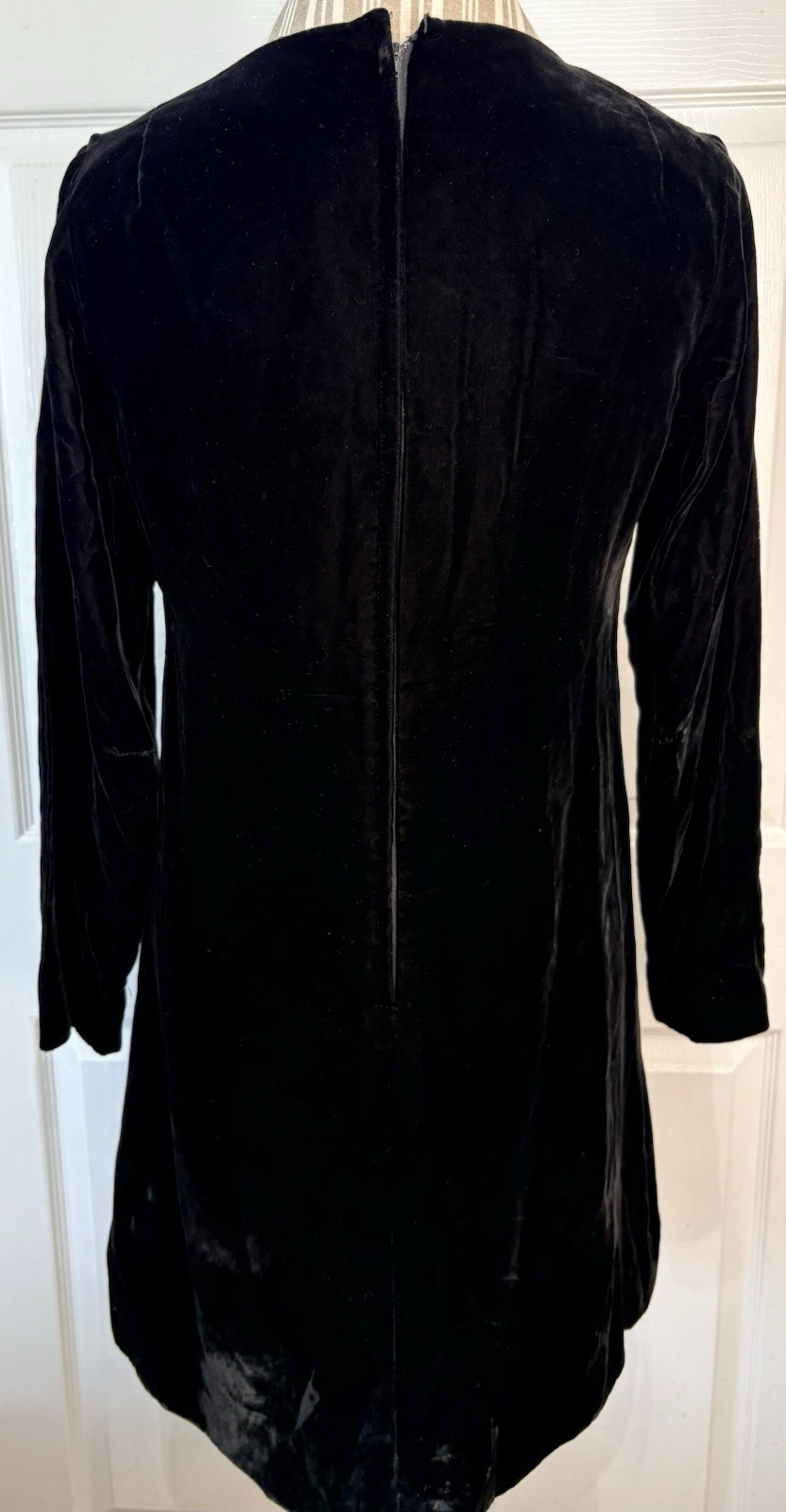 Vtg 60s 70s Black Plush Velvet MOD Mini Dress Rhinestone Buttons FLAWS Size 8/9