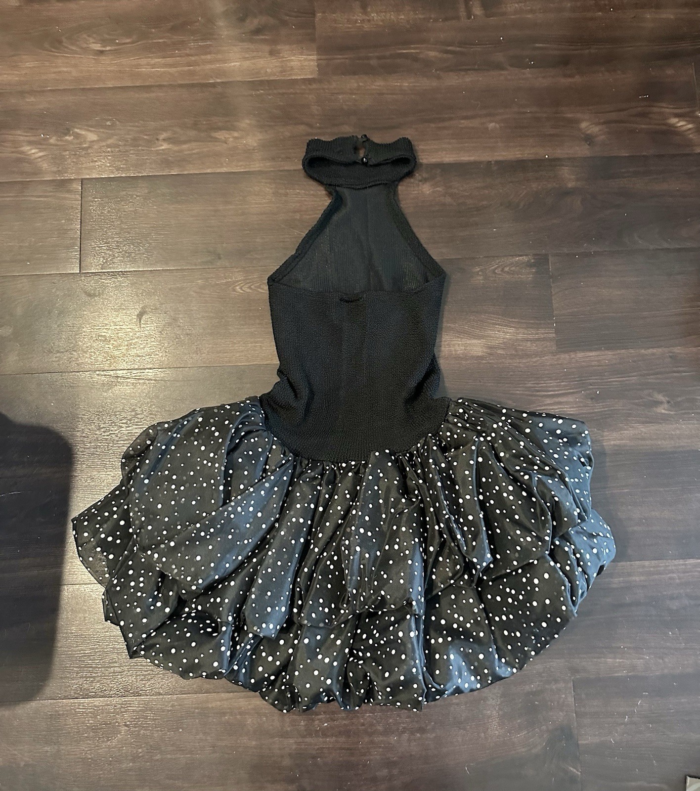 Vintage 80s Jay Jacobs Taffeta Puff Polka Dot Halter Dress Black USA S