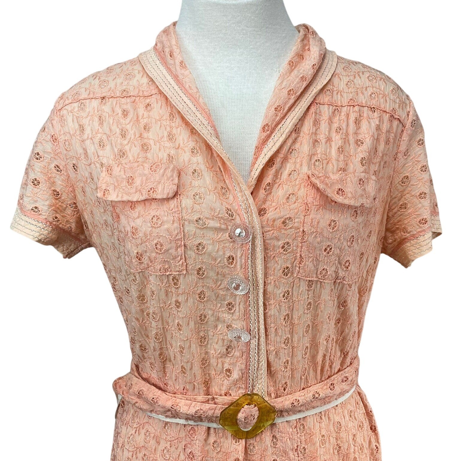 Vintage Womens (M/L) 50s Peach Eyelet Dress Boho Prairie Buttons Western Sheer