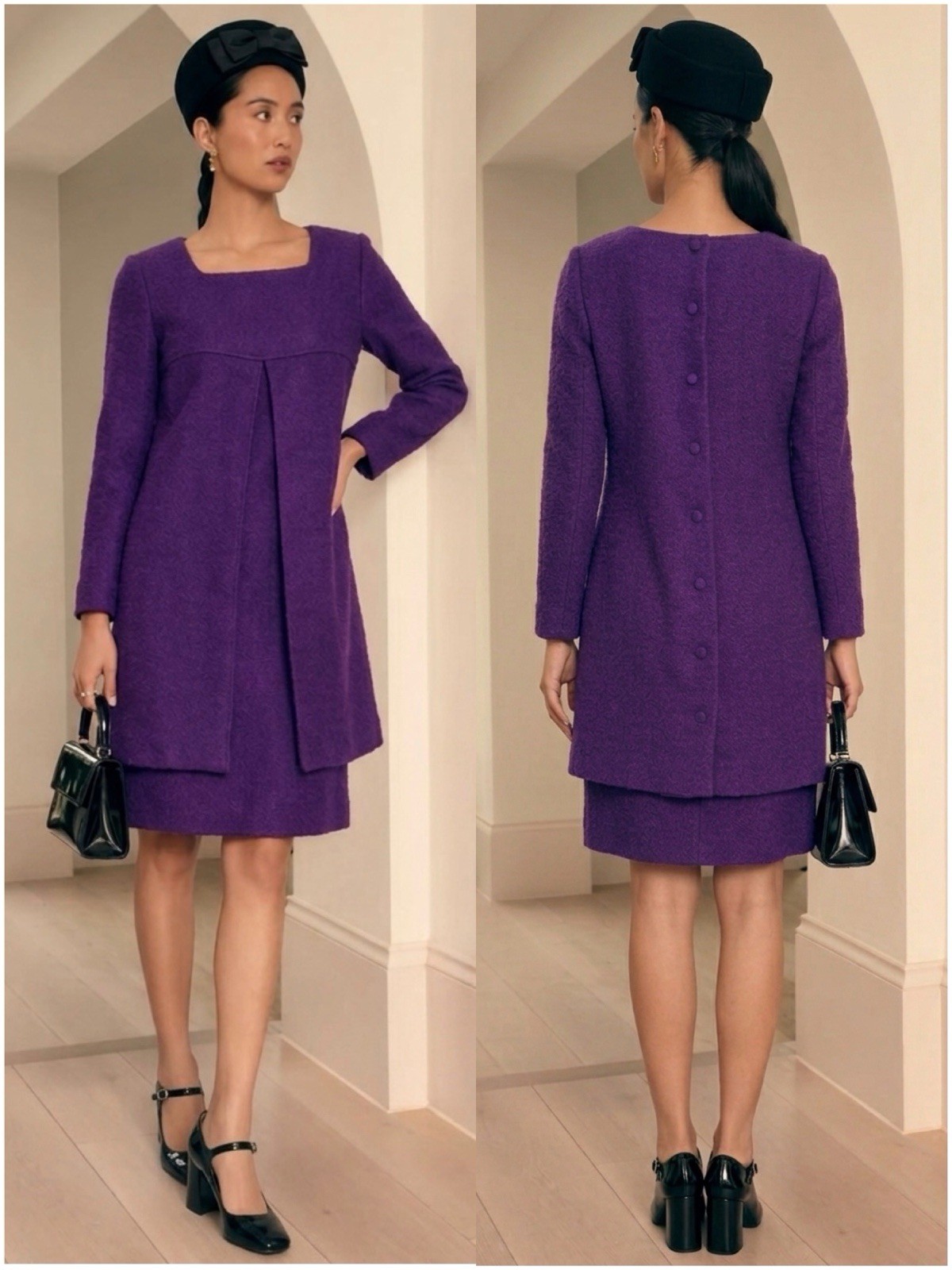 Vintage Purple 1960s Mod Pleat Tweed Shift Dress Size Small Mod Space Age Twiggy