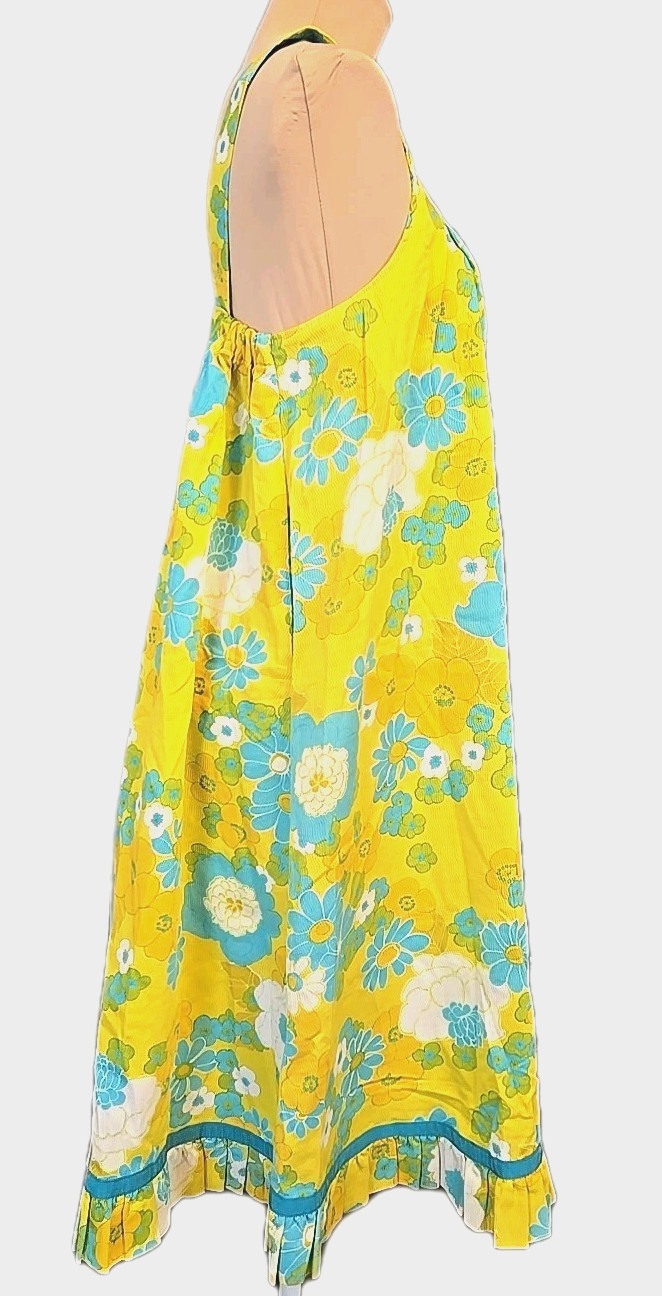 Vintage MOD 60s 70s YELLOW BLUE CREAM floral midi sundress size S/M/L Handmade