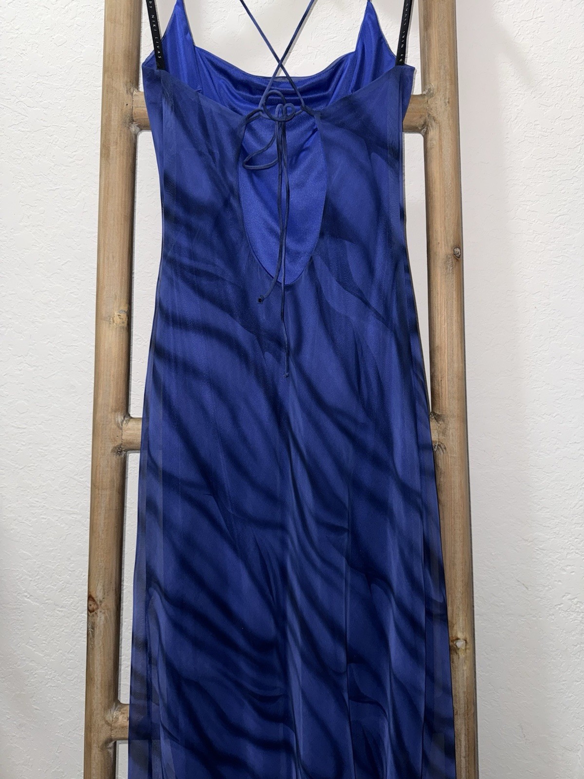 Vintage Y2K Niki Livas Tiger Mesh Maxi Dress Blue Slit Lace Up Back Size 10