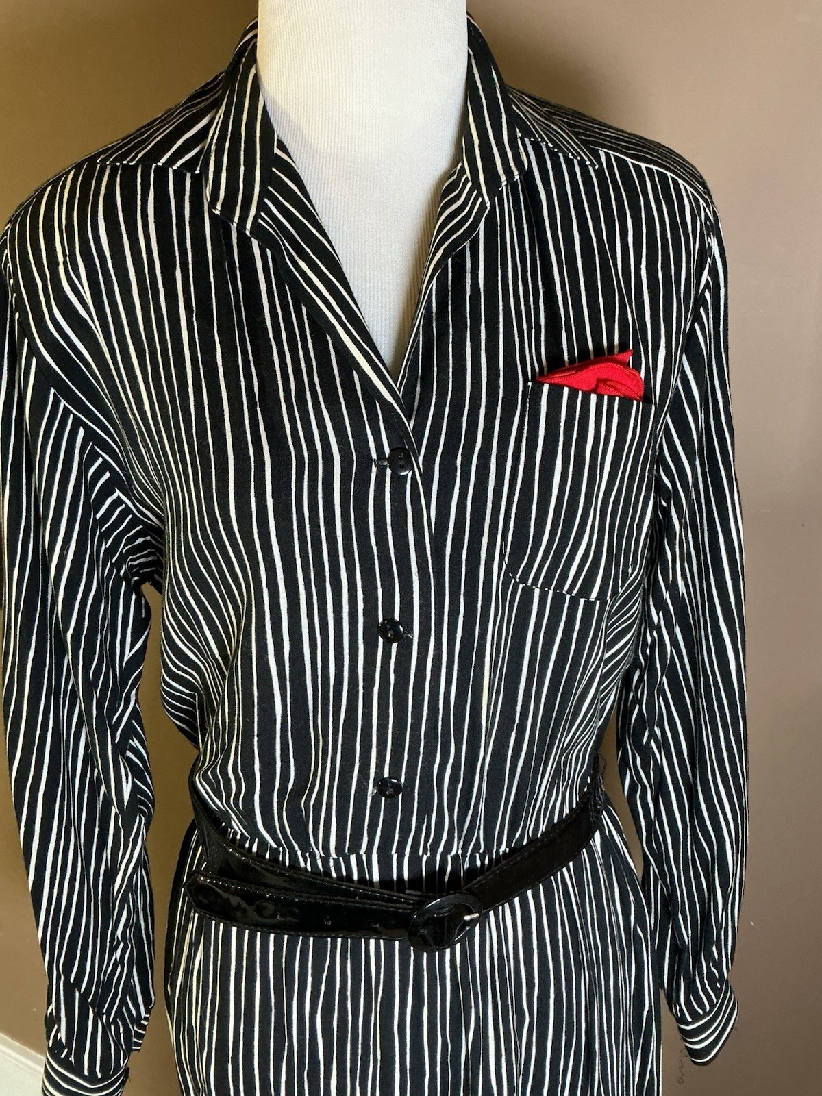 Vintage Petites By Willi 80s 90s Belted Black White Striped Shirt Dress