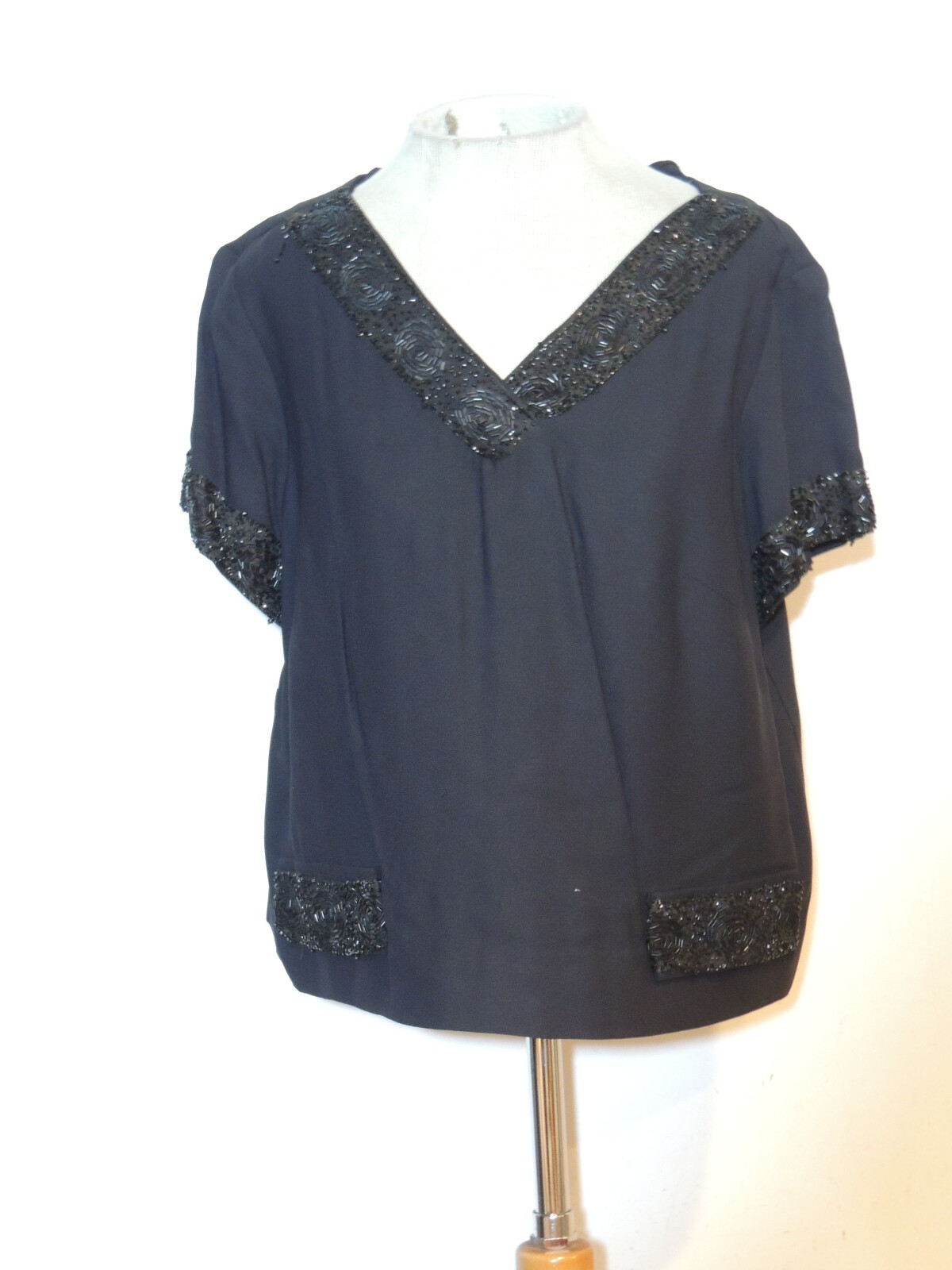 1960’s Black Crepe Blouse / Top w Beading MED – LG