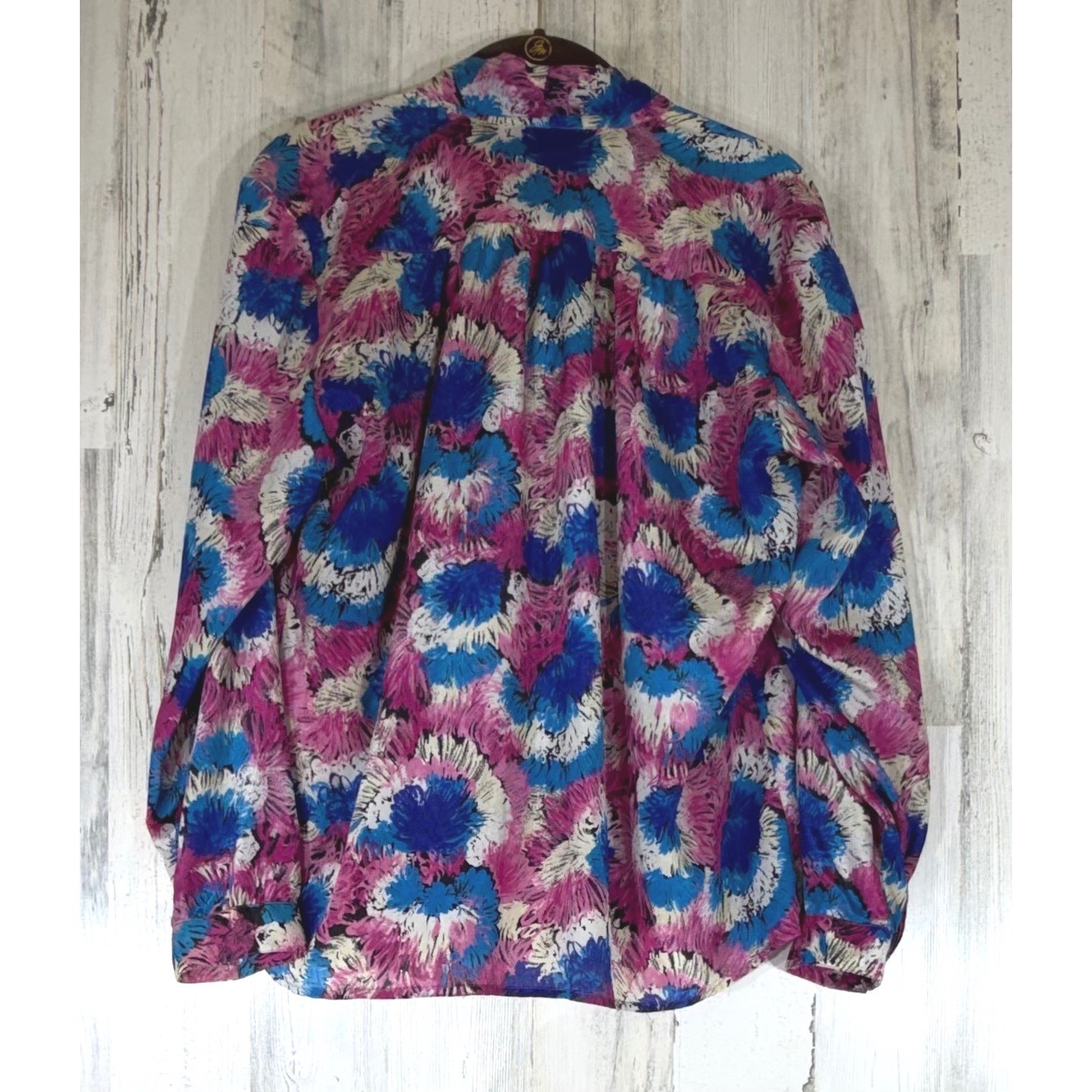 Steven Barry Blouse 16 Pink Blue Abstract Floral Tie Neck Vintage 80s Secretary